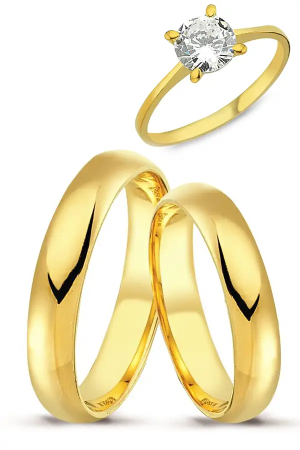 4mm Bombeli Kadın Erkek Sarı Gümüş Alyans Çifti Tektaş Yüzük wr87