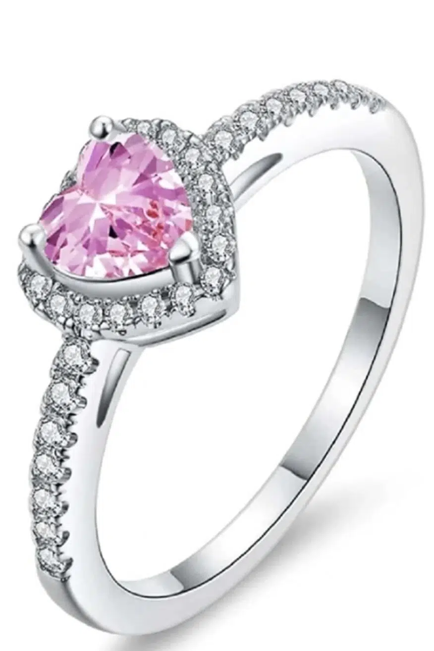 Gümüş Pembe Taşlı Kalpli Yüzük Sevgiliye Eşe Anneye Hediye wsr126