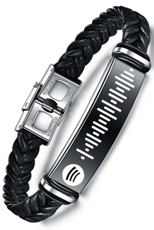 Kişiye Özel Spotify Şarkı Kodlu Deri Siyah Çelik Erkek Bileklik scb14c
