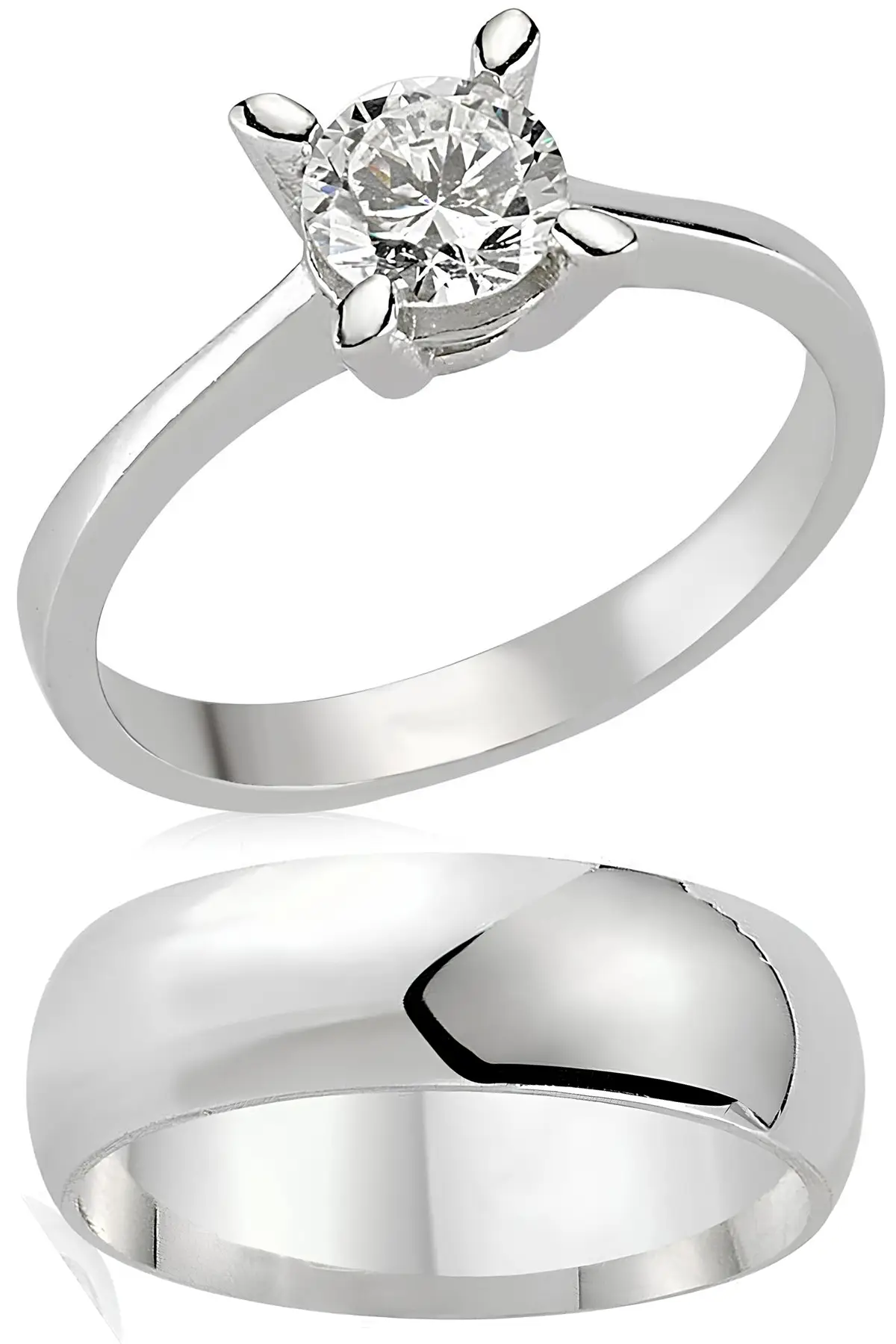 Rodyum Kaplama 6mm Gümüş Alyans ve Gümüş Tektaş Yüzük Seti wsr122